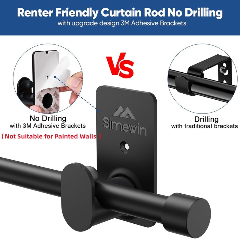 SIMEWIN Curtain Rods No Drilling for Windows 30 to 120 Inches,5/8 Inch Diameter No Drill Small Curtain Rod Set with 3M Adhesive Brackets, Black - Image 3